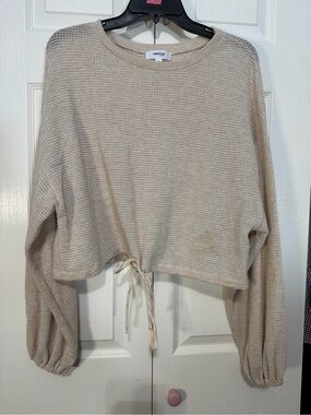 Hashtag Cream Knit Drawstring Cropped Sweater